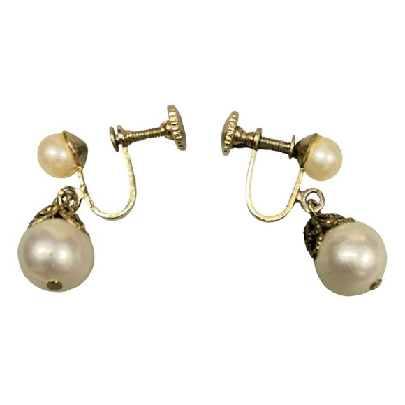 Vintage MCM Faux Pearl Dangle Screw Back Earrings - Picture 3 of 3